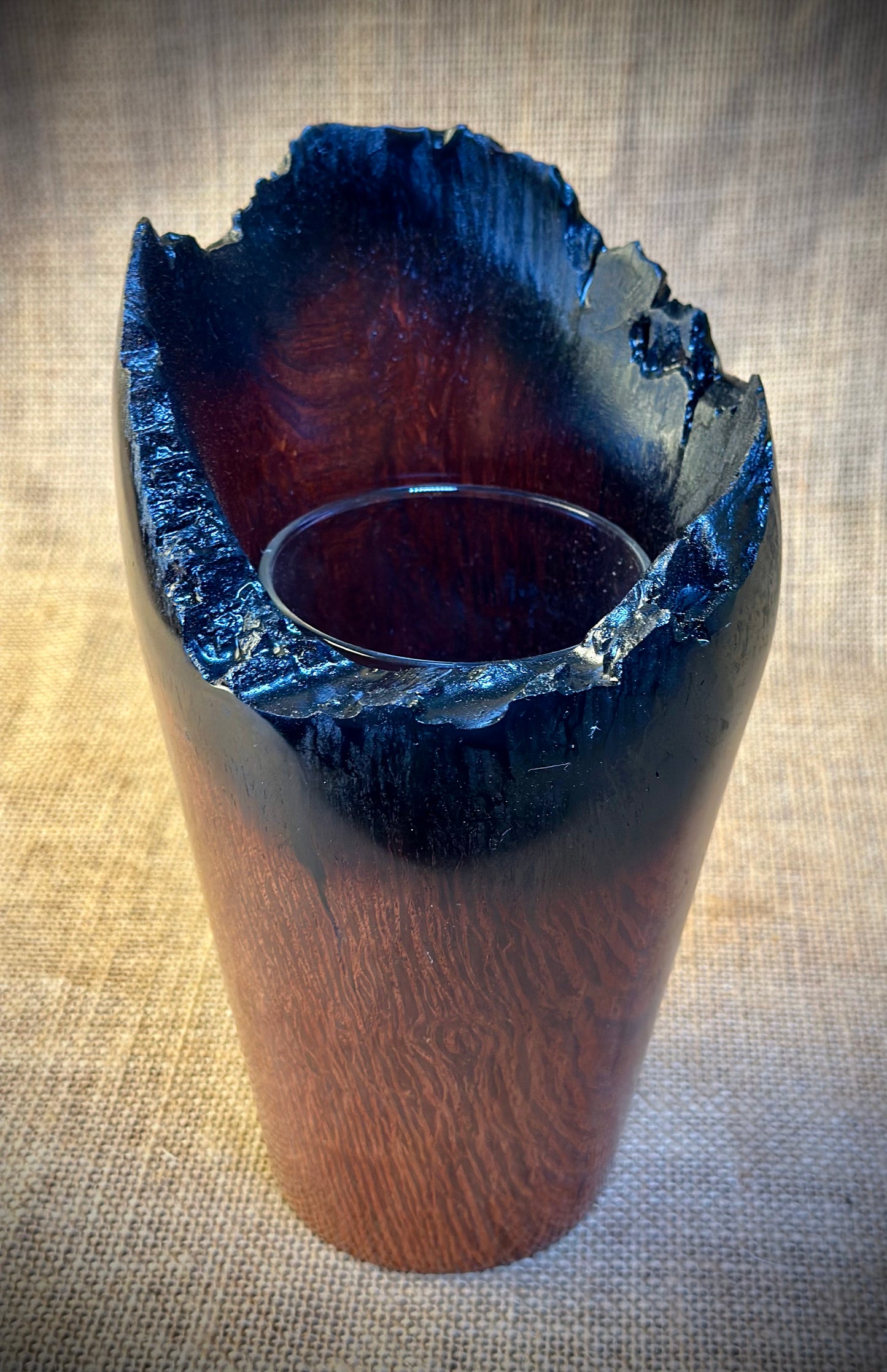 Sheoak Natural Edge Burnt Vase with Glass Insert